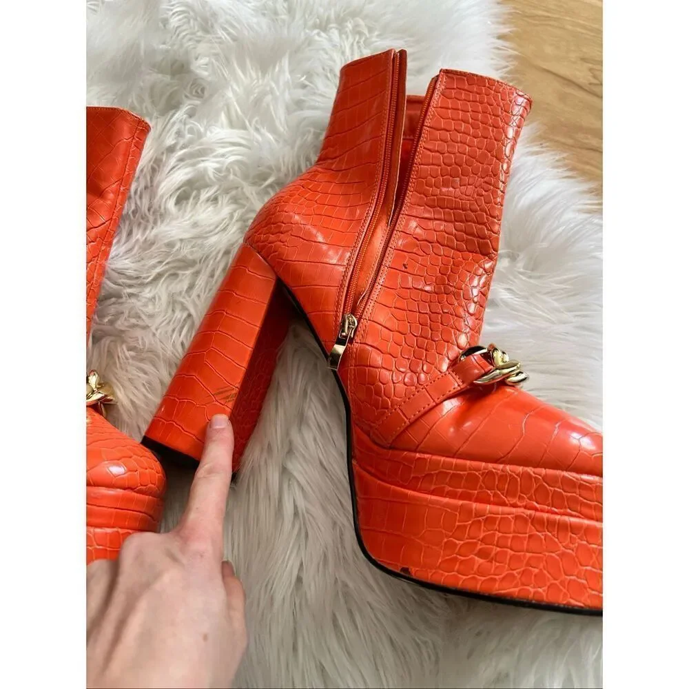 Ego orange Chunky Heels Short Boots, Waterproof Platform Back Zipper High Heel B